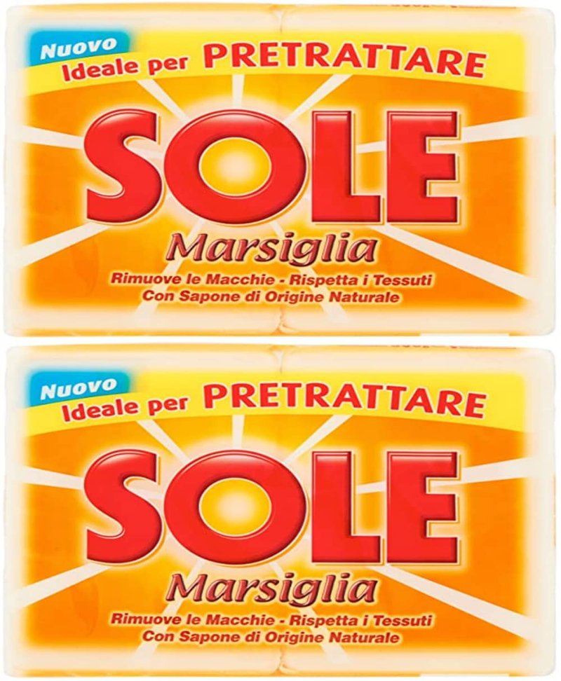 Sole:"Sole Marsiglia" Marseille Laundry Soap for Pre-Treating 8.8 Ounce (250gr) Soaps (Pack of 4) [ Italian Import ]
