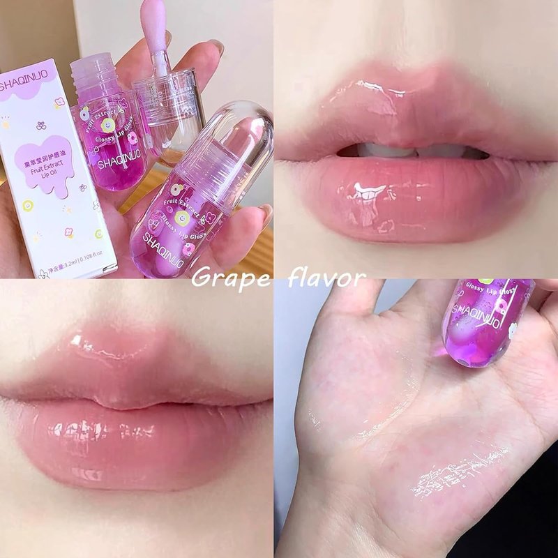 Pakivs 4Pcs Fruit Flavored Lip Gloss Oil Set,Big Brush Head Lip Oil,Cute Lip Hydrating Nourishing Lip Gloss, Jelly Glossy Finish Lip Glow Oil,Party Gift for Women,