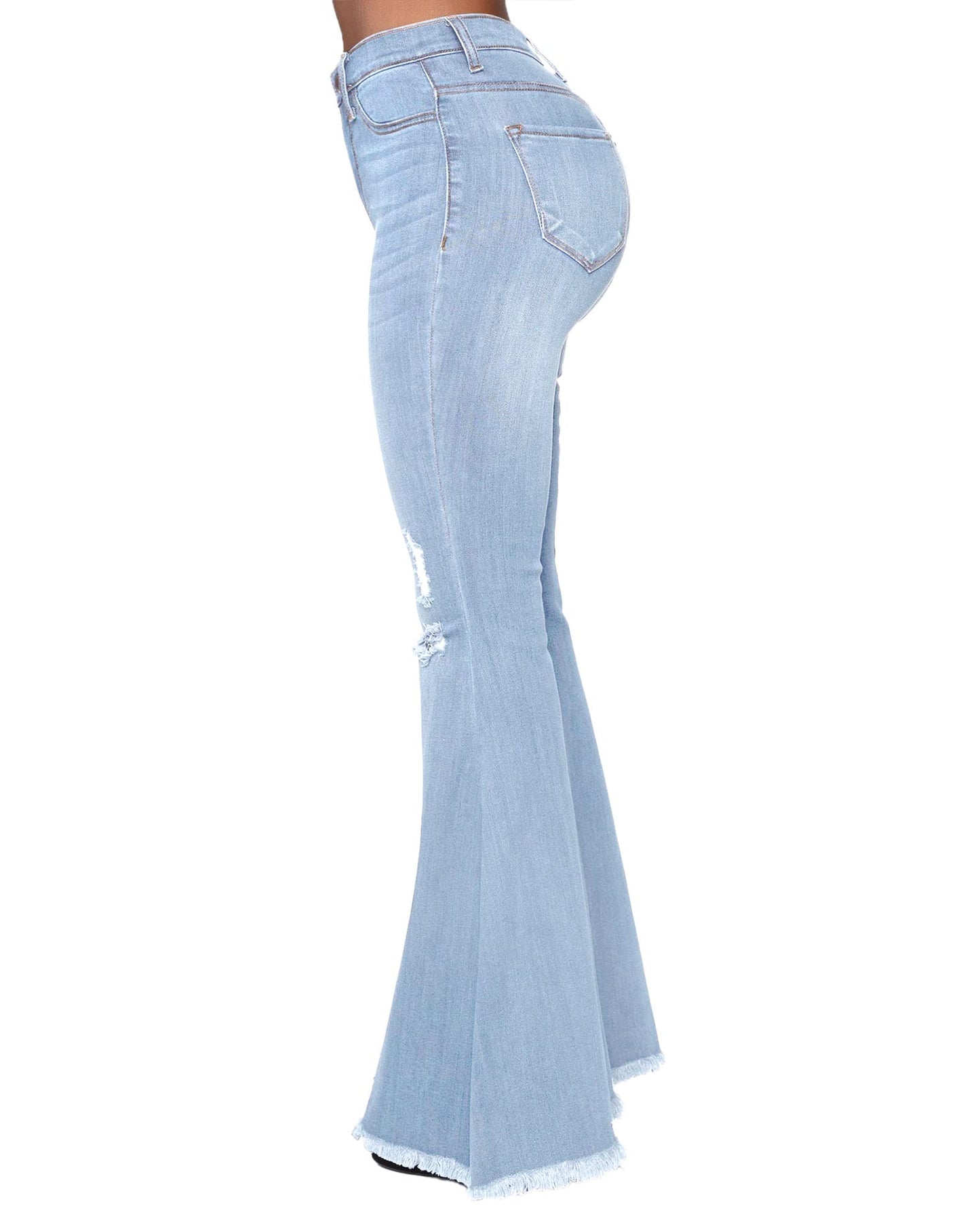 BISUAL Women Destoryed Flare Jeans Elastic Waist Ripped Bell Bottom Raw Hem Stretch Denim Pants (Light Blue, Medium)
