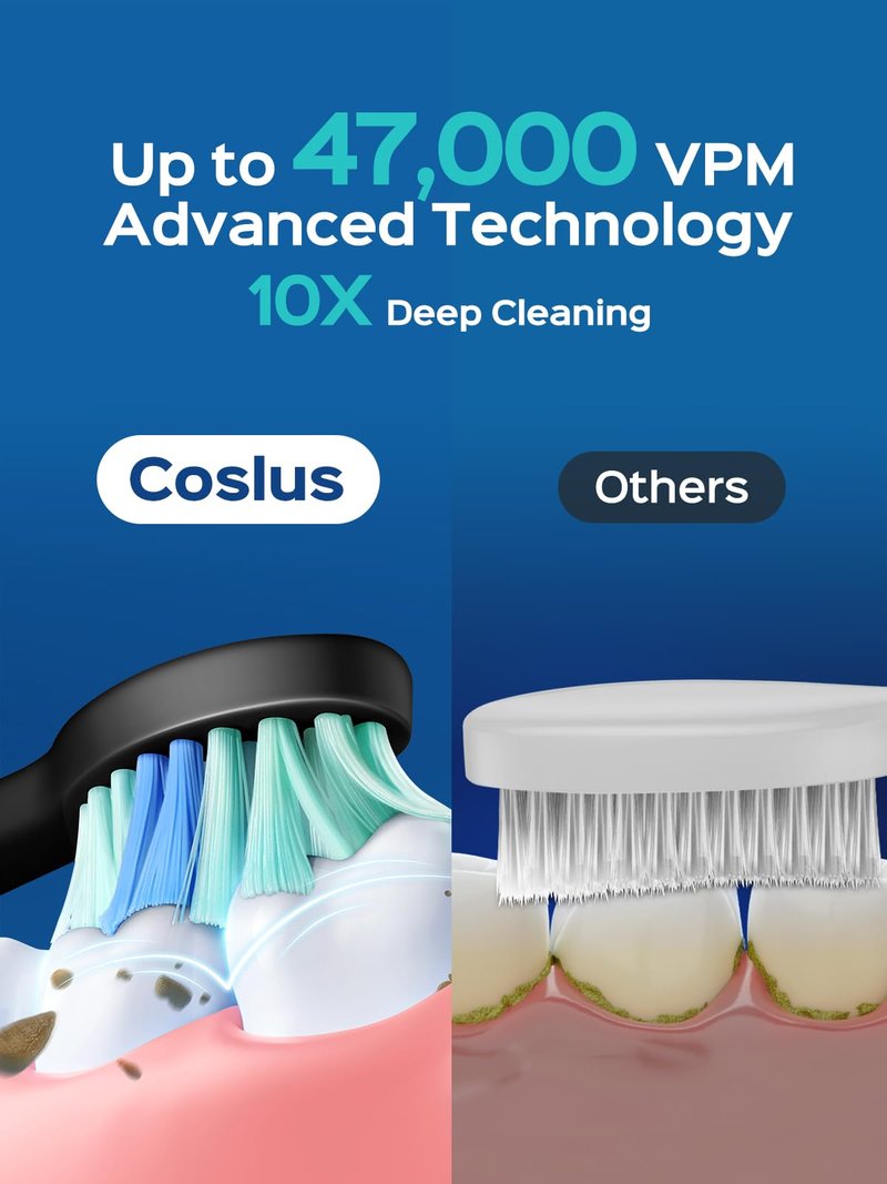 COSLUS C40 Sonic Electric Toothbrush for Adults: 47000 VPM for Deep Cleaning & Whitening with Travel Case - 5 Modes for Sensitive Teeth & Braces, Wireless Charging, 6 Brush Heads, Black & Pink (2PCS)