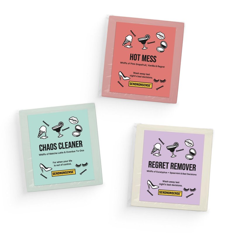 SendNonsense Hot Mess Survival Soap Gift Set (3-Pack) – Funny Gag Gift for Mom, Friends & Coworkers, Novelty Soaps, Regret Remover & Chaos Cleanser