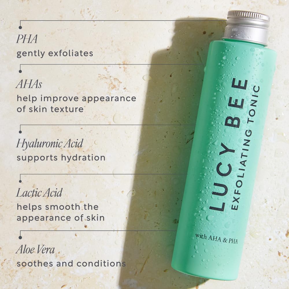 Lucy Bee AHA PHA Exfoliating Tonic for Sensitive Skin, Glycolic Acid & Fruit Acids, Gentle Daily Exfoliant, Dermatologist Approved, Certified Organic, Vegan & Cruelty Free, 3.38 fl oz
