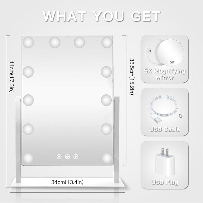 Hollywood Vanity Mirror - 12 Dimmable Bulbs, 3 Color Modes, 5X Magnification | Smart Touch Control, 360° Rotation (White)
