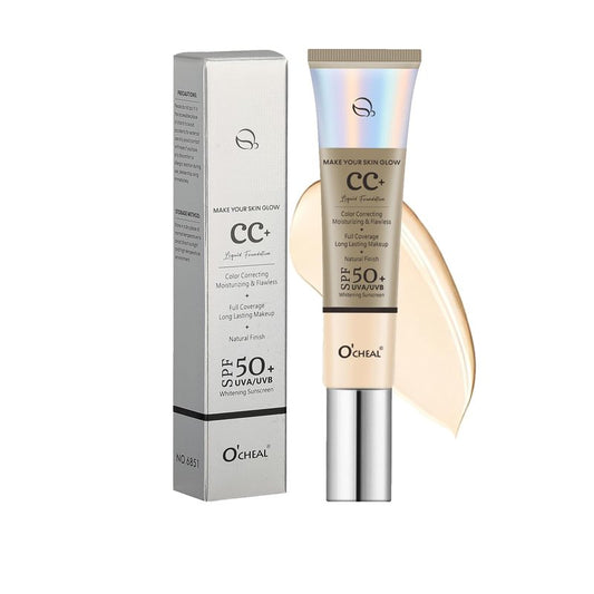 O'CHEAL CC Foundation with SPF 50+, Full Coverage Moisturizer Color Correcting Cream Concealer Powder Foundation, Lightweight Waterproof Oil-Free Pre-makeup Primer for All Skin Types(Natural)