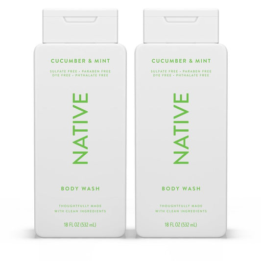 Native Body Wash Contains Naturally Derived Ingredients | For Women & Men, Sulfate, Paraben, & Dye Free Leaving Skin Soft and Hydrated | Cucumber & Mint 18 oz (Pack of 2)
