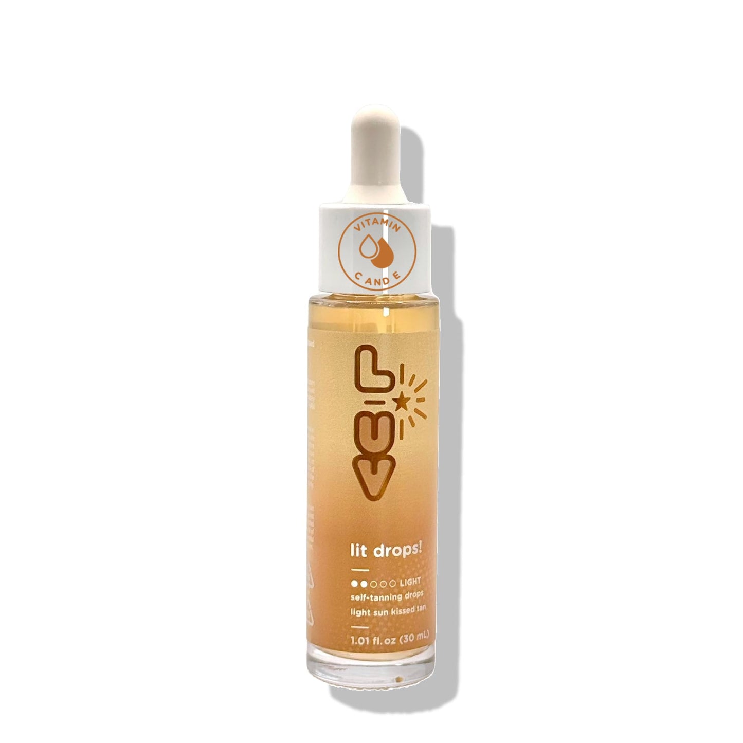 L-UV lit drops! Light sun kissed tan. No color transfer drops with Vitamin C and E. Mix easily with your favorite moisturizer for a natural and flawless looking tan.