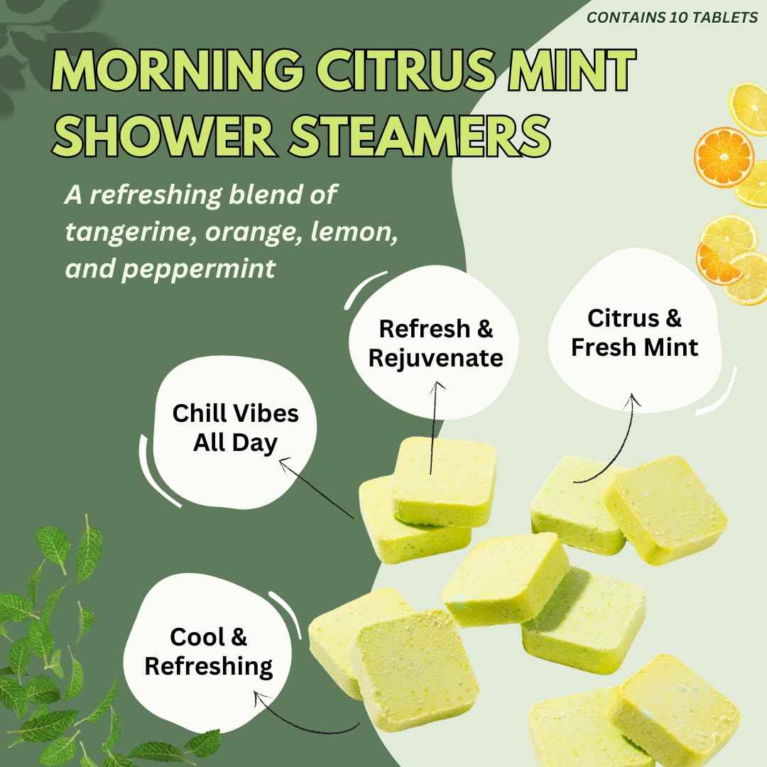Morning Citrus Mint Shower Steamers Aromatherapy for Energy - Christmas Gift - Adult Stocking Stuffer - USA Made - Peppermint & Orange Shower Bomb Tablets - Soothing Natural Essential Oils (10 Pack)