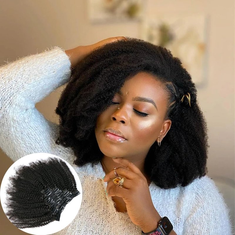 SAEIALL 4C Afro Kinky Clip Ins Mongolian Human Hair Afro Curly Clip On Hair Extensions 120g/set Mongolian Virgin Remy Human Hair 4c clip ins (14inch, natural black)