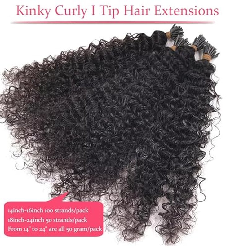 24 Inch Itip Hair Extensions Kinky Curly Pre Bonded Microlinks Human Hairs Extension Stick I Tip Hair Bundles Curly Keratin Hair Extension 1B Black Color for Women Professional Salon Hair 50g 50Stands