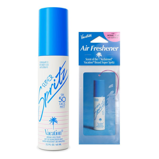 Vacation Super Spritz SPF 50 Face Mist & Air Freshener Bundle, Daily Face Sunscreen Spray, Clean & Lightweight Feel, Water-Resistant, Non-Comedogenic, Vegan, Travel Size, 2.2 Fl. Oz.