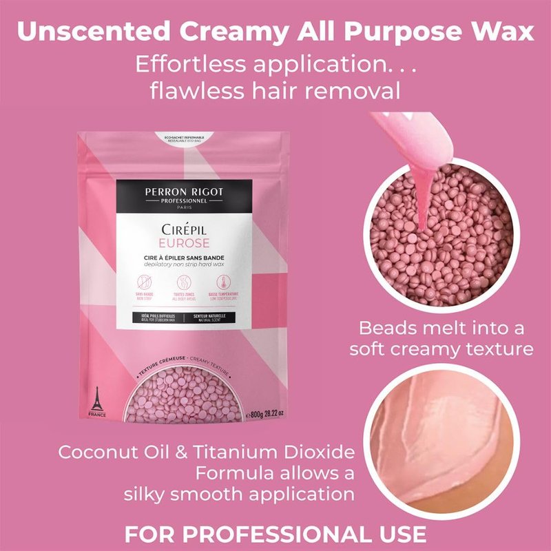 Cirepil - Eurose - 800g / 28.22 oz Hard Wax Beads Bag - All-Purpose Creamy for Face, Bikini & Body - Effective on Coarse & Fine Hair - Unscented Professional Formula - Low Temp Refill Bag