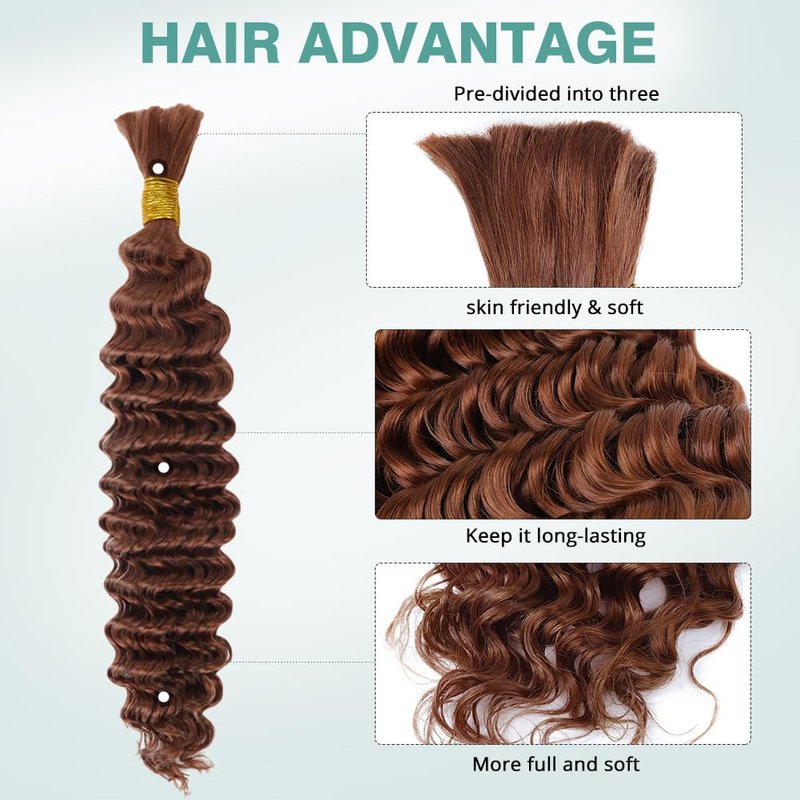 20 Inch 50g Human Braiding Hair 1 Bundles/Pack Deep Wave Bulk Human Braiding Hair for Boho Braids Wet and Wavy Brown Braiding Hair #30 Color No Weft Micro Braiding Hair Human Hair Extensions