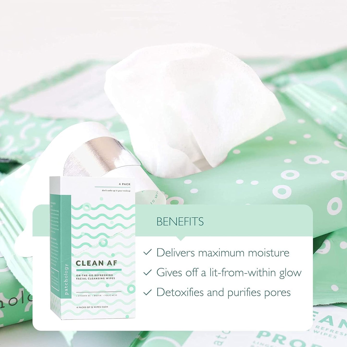 Patchology Clean AF Facial Cleansing Wipes - On-The-Go Refreshing Travel Size Face Wipes for Removing Dirt and Oil - Makeup Remover for Sensitive and Oily Skin (1 pack/15 sheets)