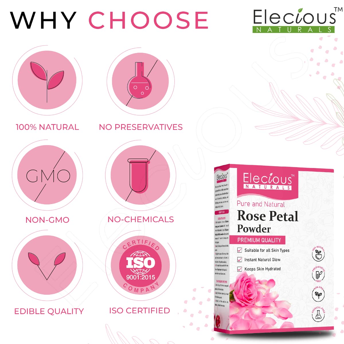 Elecious Pure Rose Petals Powder for Face, Skin and Hair Chemical-Free, Preservative Free, Non-GMO, No Artificial Color Added Moisturizes Dry Hair Cells 200gm