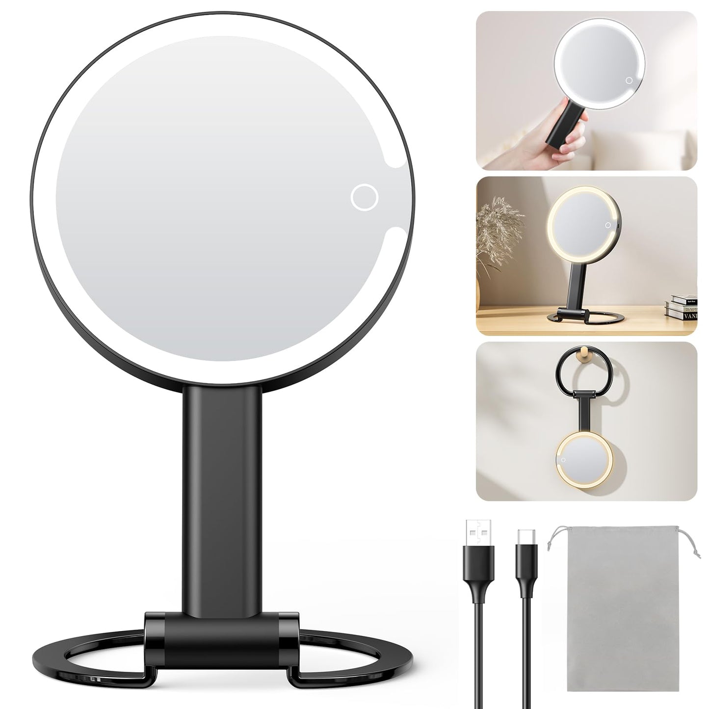 Gospire Magnifying Travel Makeup Mirror with Light 10X 1X Magnifition 2-Sided Lighted Vanity Mirror Rechargeable 3 in 1 Hand Held Desk Hanging, 3 Color Dimmable Lights, Black