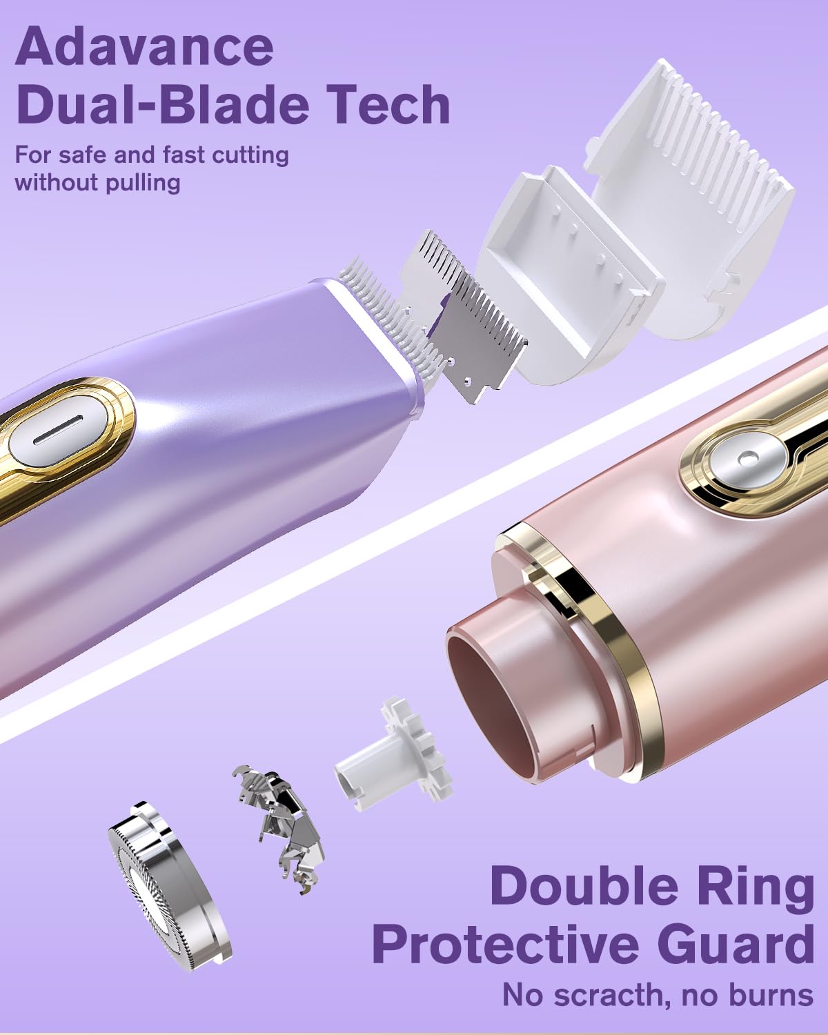 Happnear 2 in 1 Electric Bikini Shaver for Women - 2025 Dual Head Bikini Trimmer for Women IPX7 Waterproof Wet & Dry Use Bikini Razor for Travel Rechargeable Electric Razor for Underarm Leg Arm,Purple