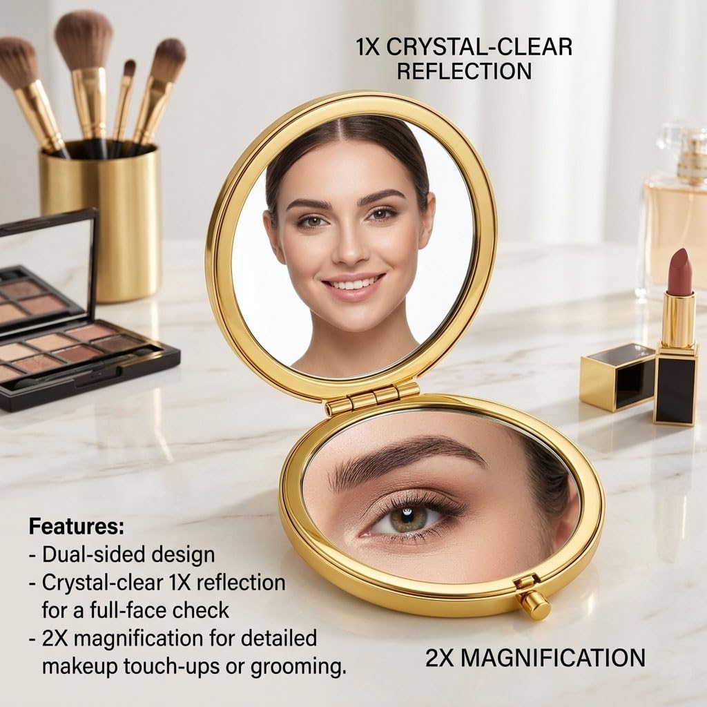 WOOYALIN Magnifying Compact Double-Sided 1X/2X Round Pocket Handheld Travel Makeup Portable Pocket Mirror (5, Gold)