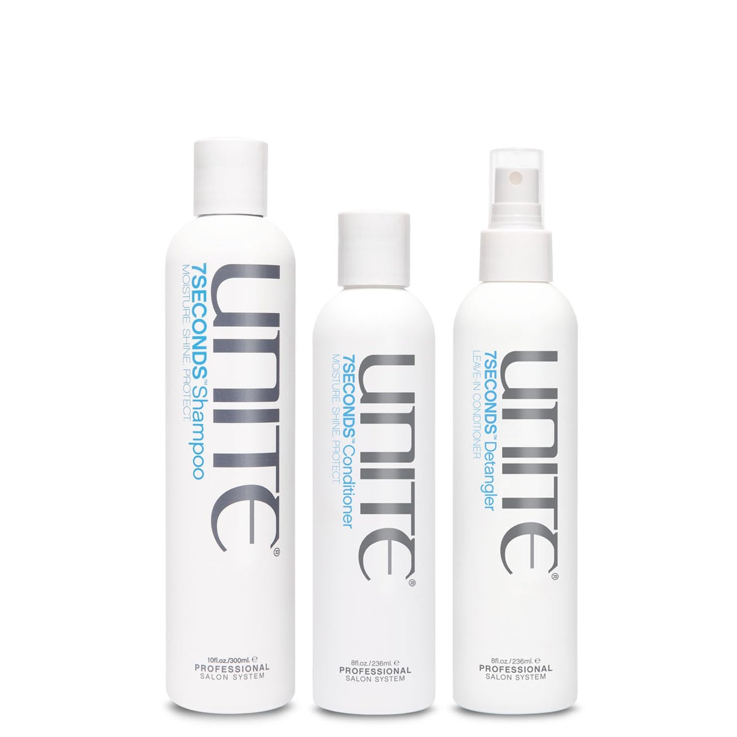 UNITE Hair 7SECONDS Shampoo, Conditioner & Detangler | Hydrates, Strengthens & Protects | UV & Heat Protection | 10 fl oz, 8 fl oz, 8 fl oz