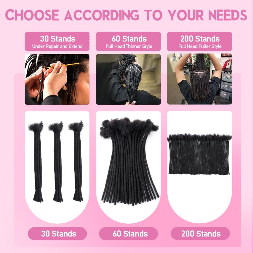 6 Inch 0.4cm Diameter Real Human Hair Thin Locs Extensions 30 Strands/Pack Handcrafted Permanent Dreadlocks Natural Soft Texture for Black Women & Men Styling