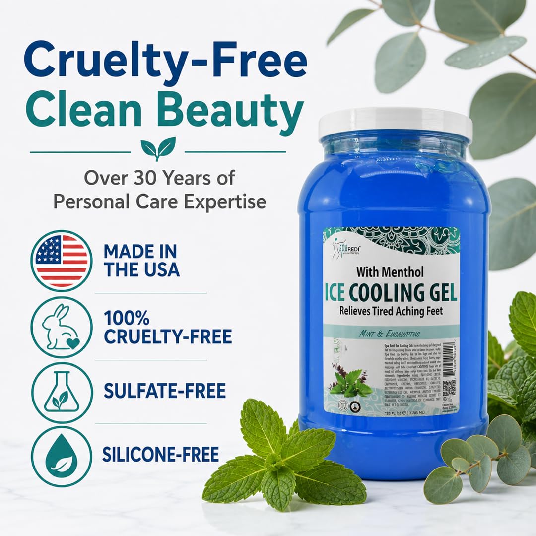 SPA REDI Pedicure Massage Cooling Gel – Mint & Eucalyptus Cooling Foot Gel for Sore Feet & Foot Odor Relief | Sulfate-Free, Silicone-Free, Cruelty-Free | Professional Salon & At-Home Use | 1 Gallon