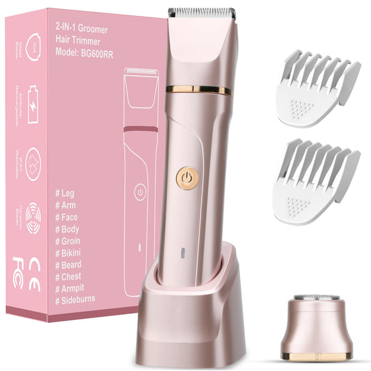 Bikini Trimer for Women,2 in 1 Electric Razor Shaver Facial Hair Women-IPX7 Waterproof Wet/Dry,USB Recharge Dock with Snap-in Ceramic Blades for Face Body Leg Bikini Underarm Arm