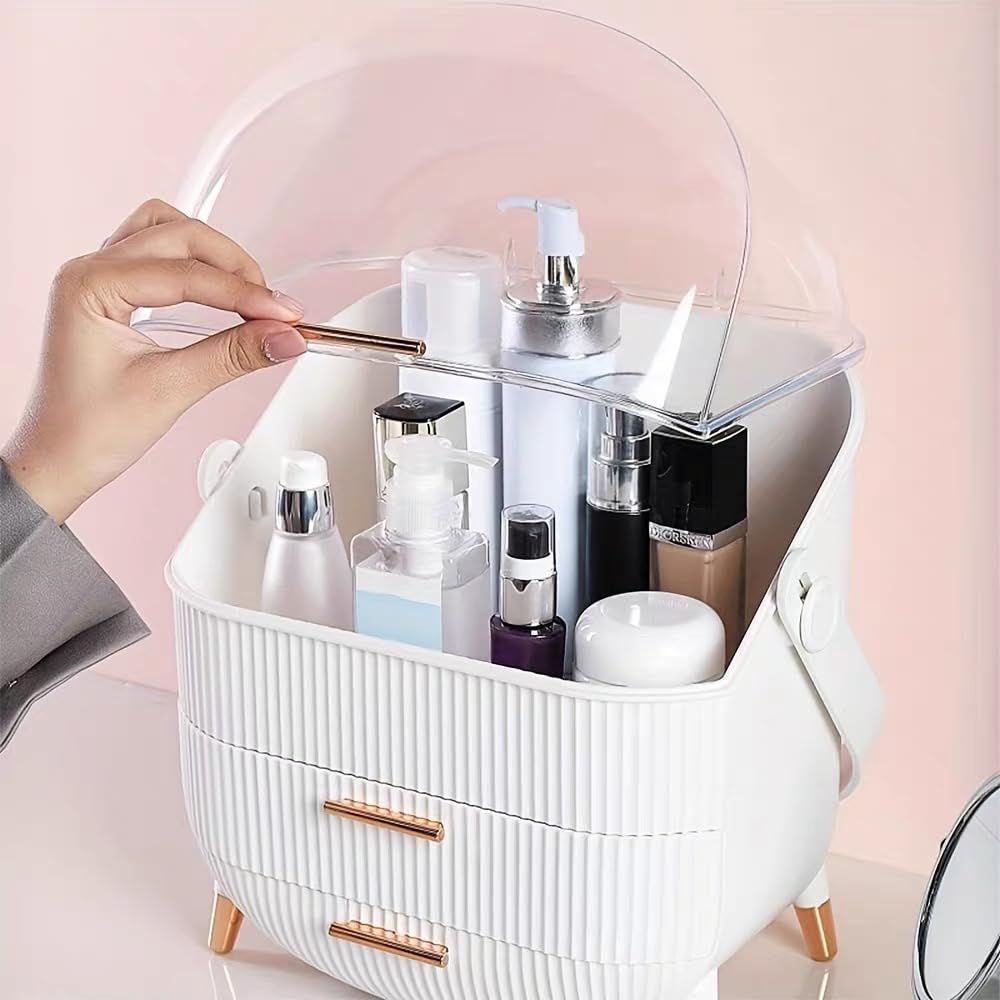 Makeup Storage Organizer for countertop，Cosmetics Display Case with 2-Layer Storage Box and Transparent Cover, Keep Bedroom Vanity Organizer Clea, Milky white