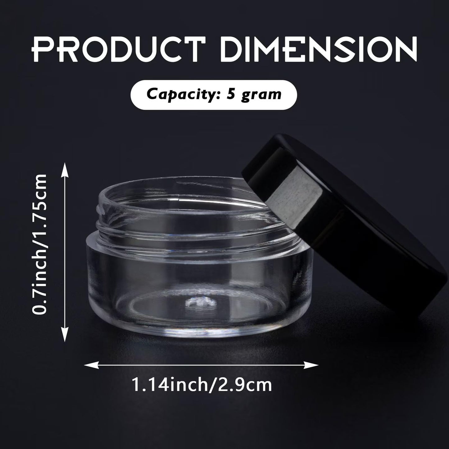 200 Count 5 Gram Sample Containers, Clear Lip Balm Containers with Lids, Small Plastic Sample Jars with 12 Mini Spoons, 200pcs Labels (Black Lid)