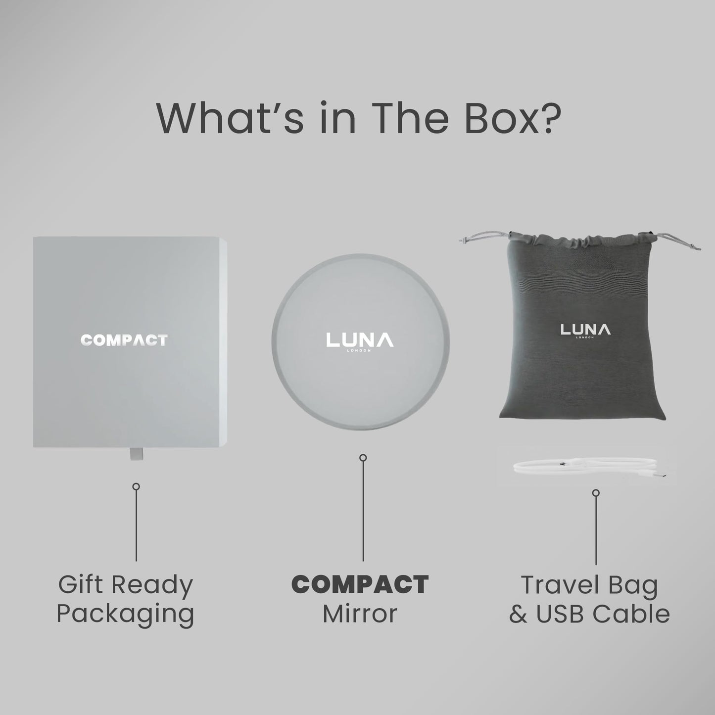 LUNA London Compact Travel Mirror | Travel Makeup Mirror with Light | LED Lighted Vanity Mirror with 3 Light Modes | 7X Magnification Folding Portable & Rechargeable (Chalk Grey)