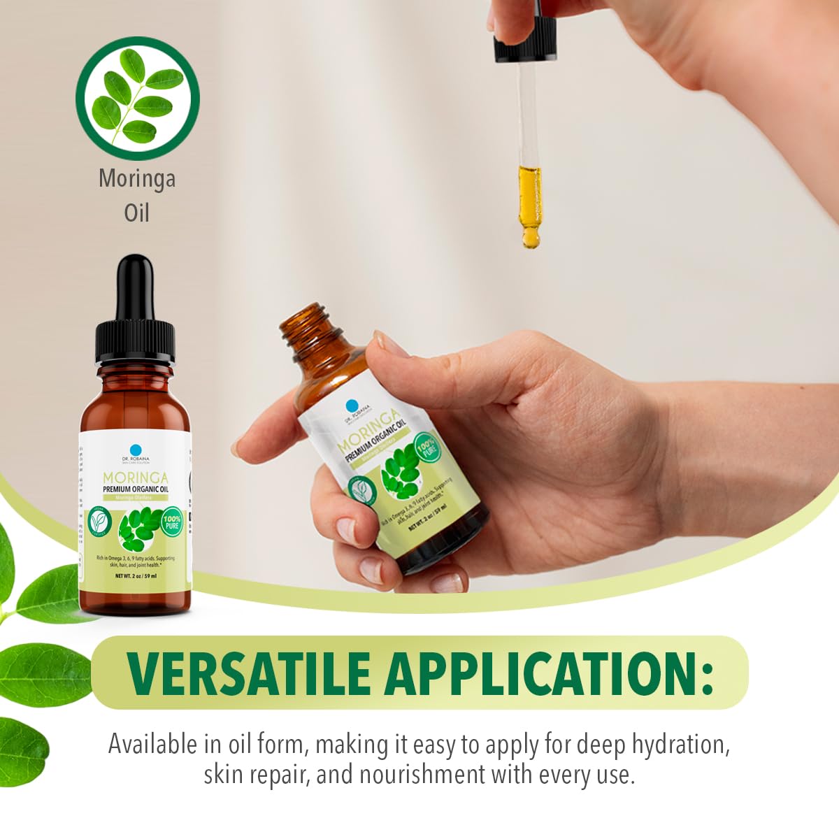 Dr. Robaina 100% Pure Organic Moringa Seed Oil – Cold-Pressed, Unrefined & Hexane-Free Face, Hair & Nail Moisturizer – Fast-Absorbing Non-Greasy Hydration – 2 fl oz Dropper Bottle – Made in USA