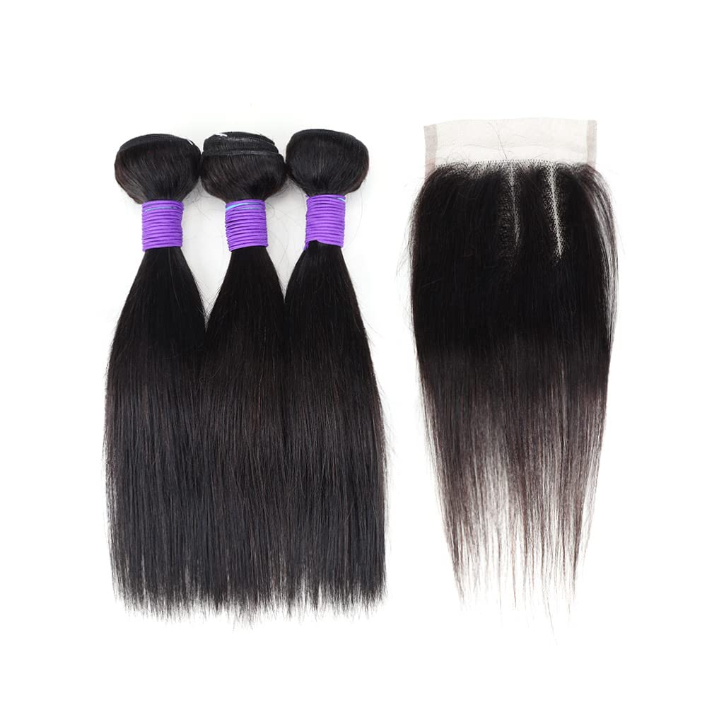 3 Bundles Human Hair with Closure Straight 100% Unprocessed Virgin Brazilian Hair Weave with 4x4 Lace Closure Free Part Double Weft 10A Hair Extensions Natural Black Color (8" 8" 8" + 8" Closure)