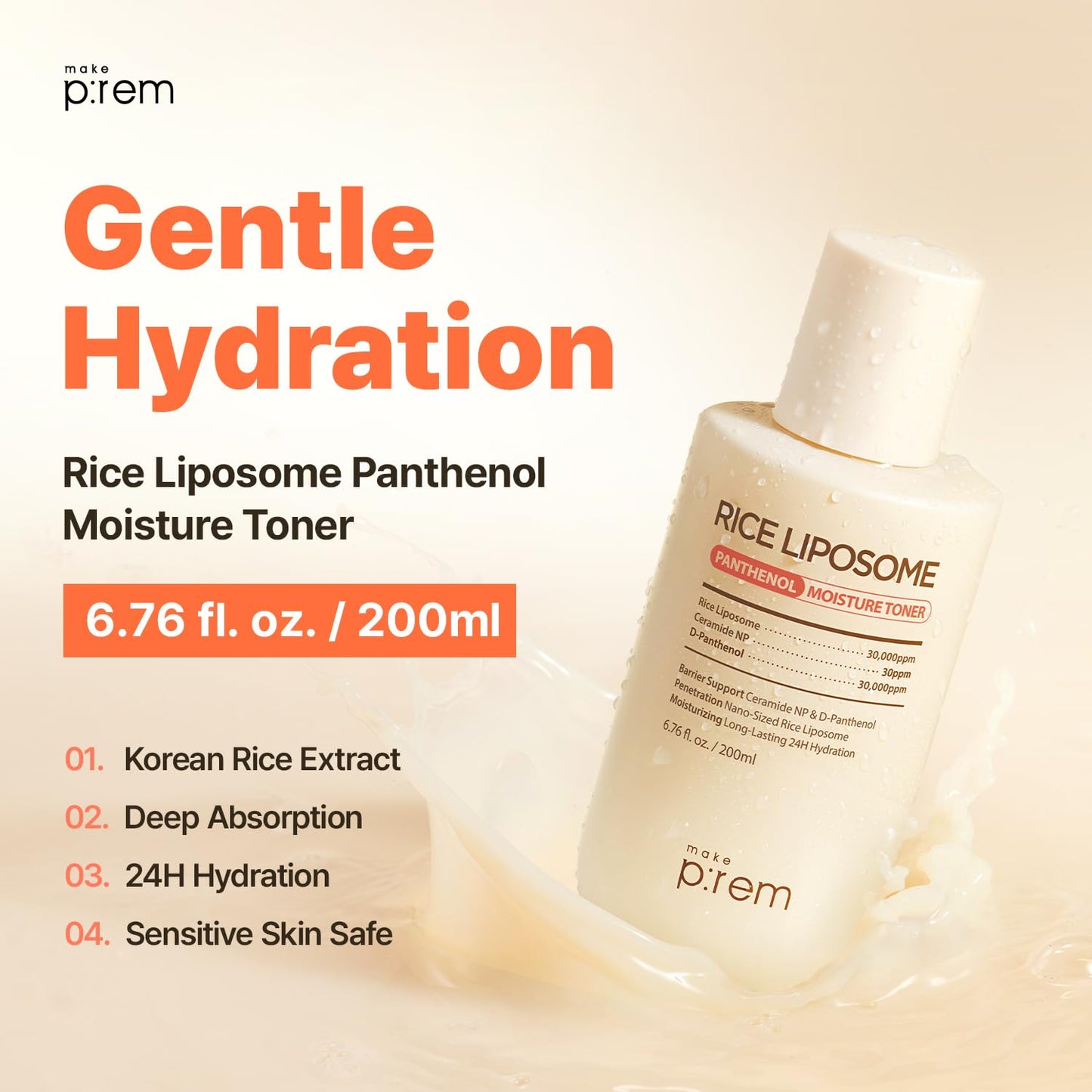 Make P:REM Rice Liposome Panthenol Moisture Toner, Lightweight Gentle Daily Skincare, Hydrating Facial Toner with Rice Liposomes, Ceramide NP & Panthenol, Korean Skin Care, 6.76 fl.oz. (200ml)