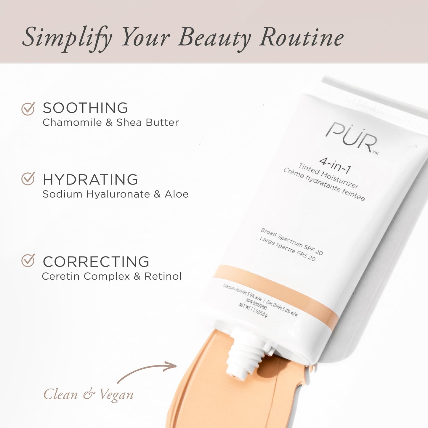 PÜR MINERALS 4-in-1 Tinted Moisturizer With SPF 20 - Hydrating Face Moisturizer, Primer, & Foundation With Shea Butter, Aloe Vera & Vitamin B3 - Vegan Friendly - Free of Paraben, Gluten & BPA