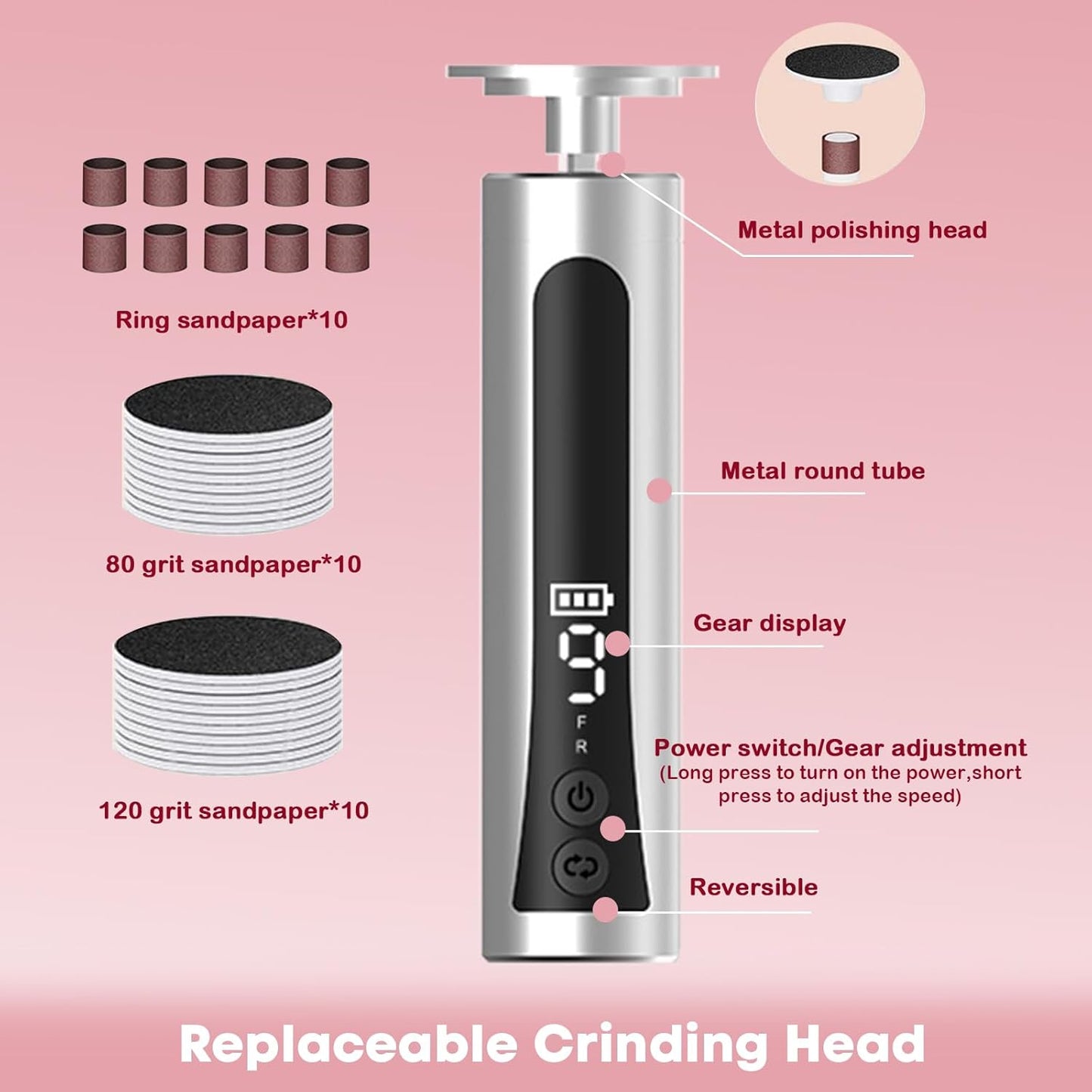 Electric Foot Callus Remover & Nail Drill - Cordless, 11000RPM, 9 Speeds, Digital Display, 10 Grinding Heads & 20 Sandpaper Discs