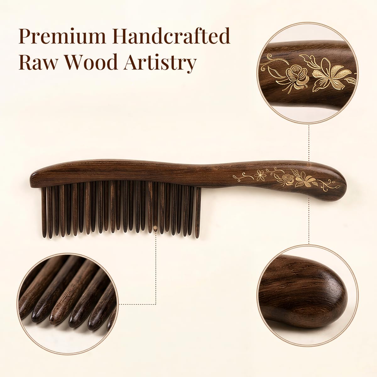 TAN MUJIANG Handmade Wooden Wide Tooth Comb for Curly Hair, Anti Static Detangling Hair Comb, Natural Wood Scalp Massage Comb for Thick, Long & Wavy Hair, 7.07 x 1.78 in