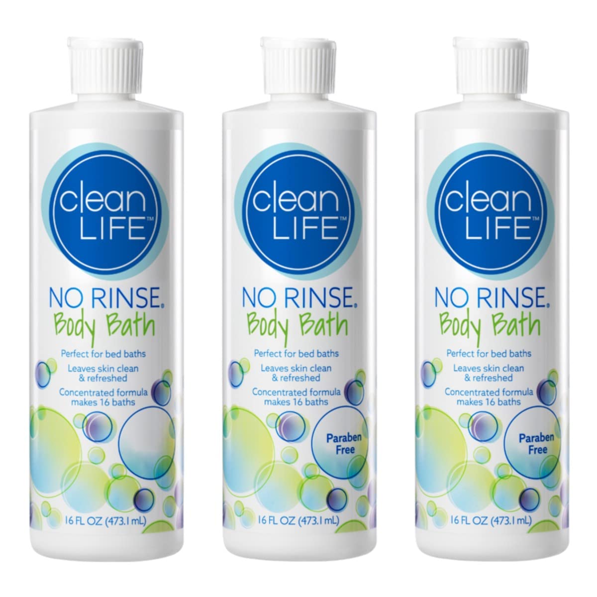 No-Rinse CleanLife Products Body Bath, 16 fl oz (Pack of 3, Makes 48 Complete Baths) – Gentle, Concentrated Liquid Body Wash Made in USA – Ideal for Post-Surgery, Elderly Care, Camping, and Travel