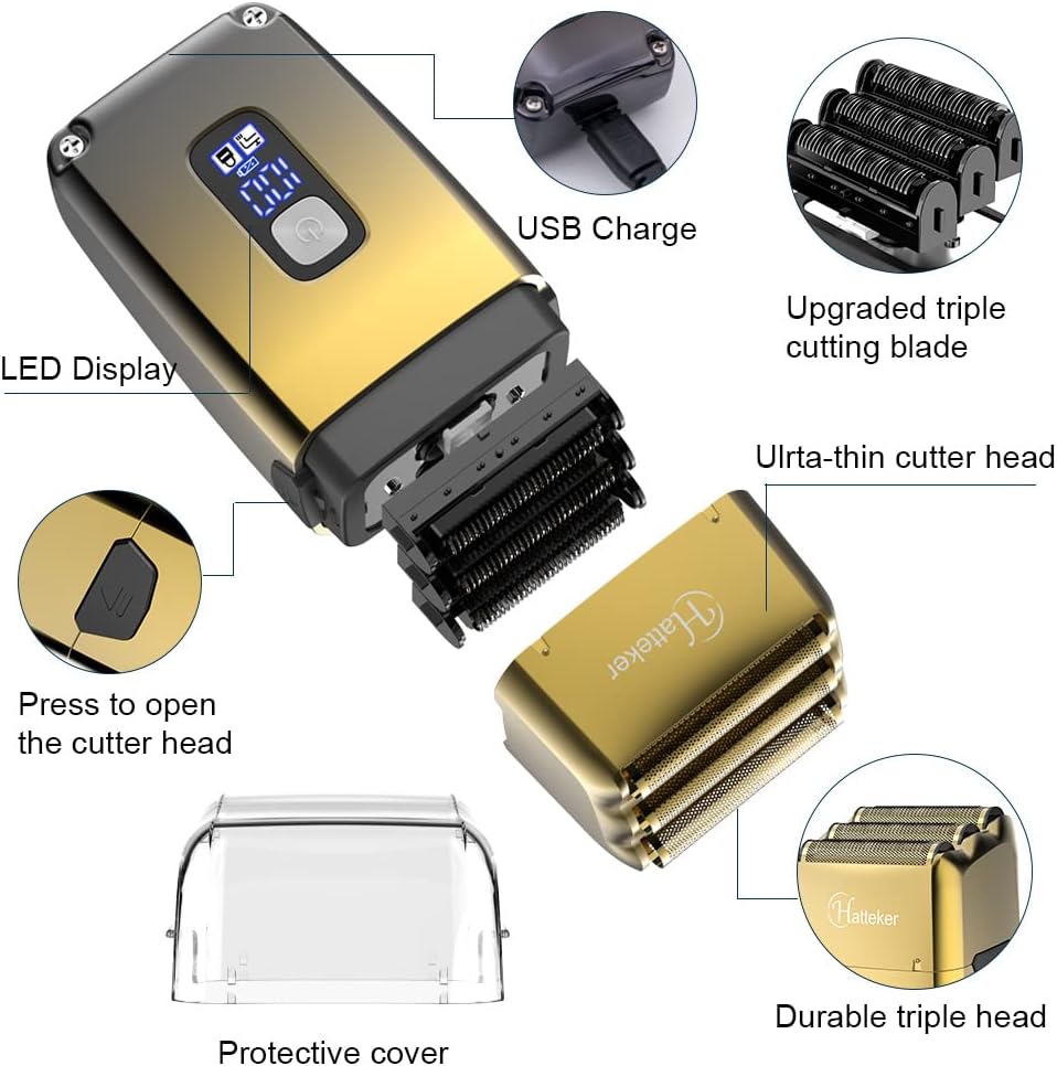 Hatteker Electric Foil Head Shaver for Men - Triple Blade Waterproof Bald Head Trimmer | Cordless Gold