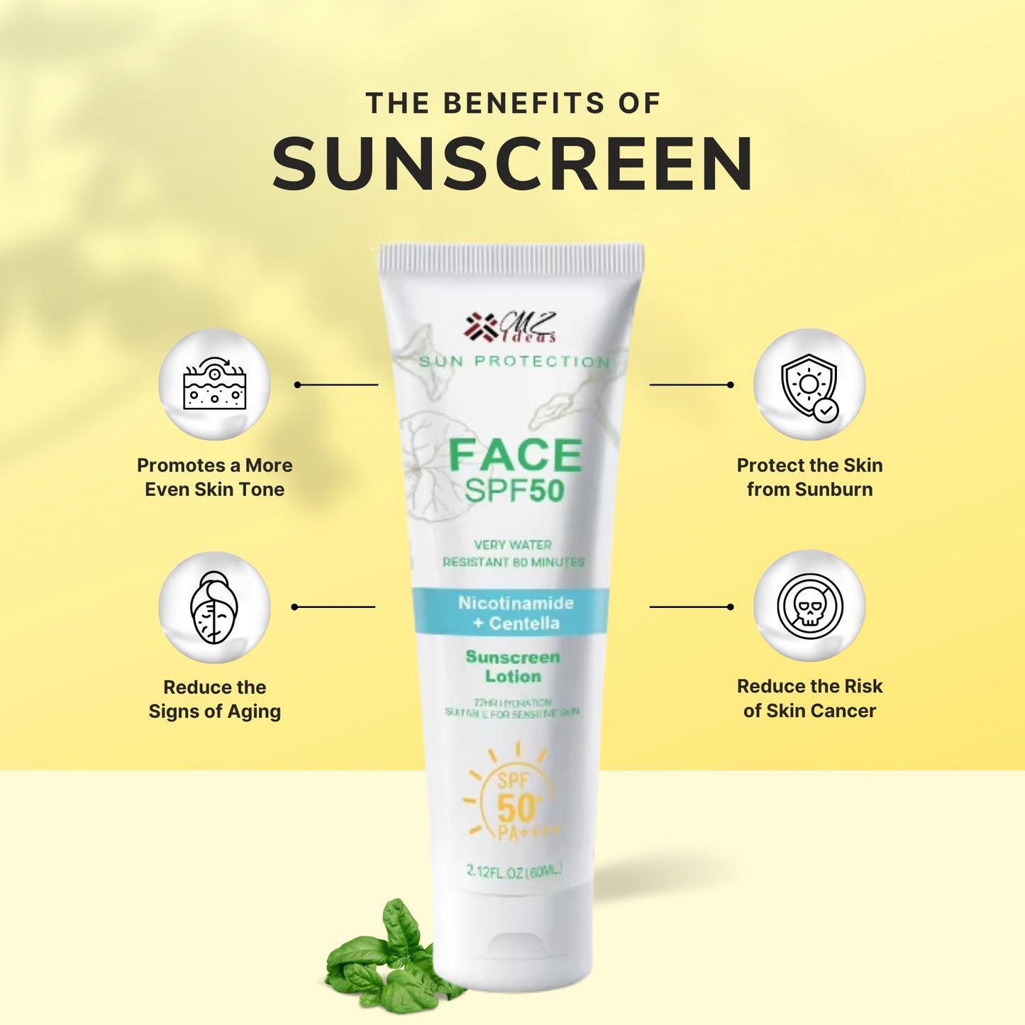 MZ Ideas Face Sunscreen SPF 50 PA+++,Very Water Resistant 80 Minutes, with Niacinamide, Centella, 72H Hydration for sensative skin, 2.12 fl oz