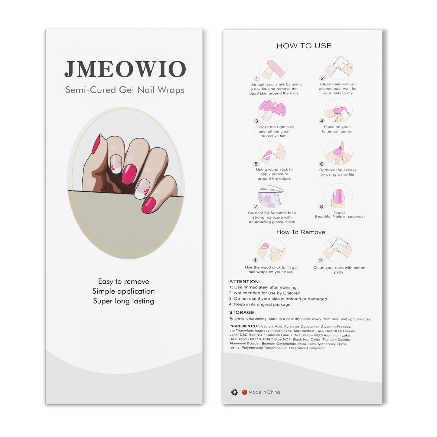 JMEOWIO Gel Nail Stickers Pink Flower French Tip Semi Cured Gel Nail Strips Wraps UV/LED Nails Art Design Decoration Accessories