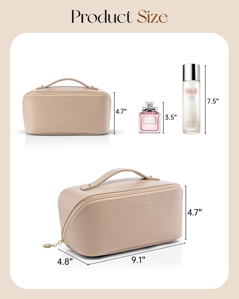 VLANDO Makeup Bag,Travel Toiletry Bag,Cosmetic Bag for Women PU Leather Portable Make up Bag for Skincare, Brushes & Travel Essentials-Sand Pink
