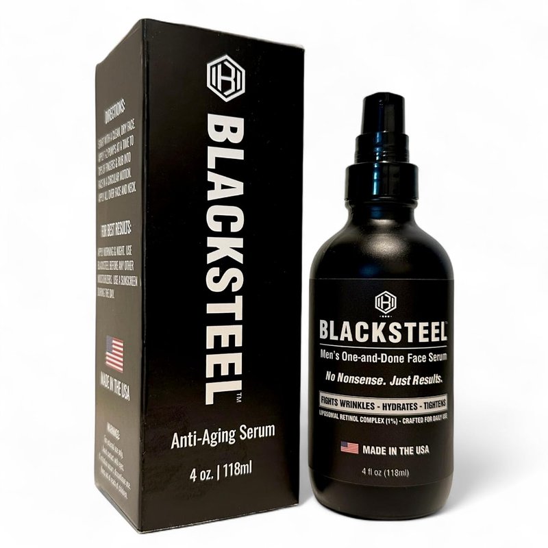 BLACKSTEEL Men's Anti-Aging Face Serum with Retinol & Hyaluronic Acid | One-Step Daily Wrinkle, Hydration & Firming Solution | Fast-Absorbing, Non-Greasy Skincare Made in USA | 4 oz Single Bottle