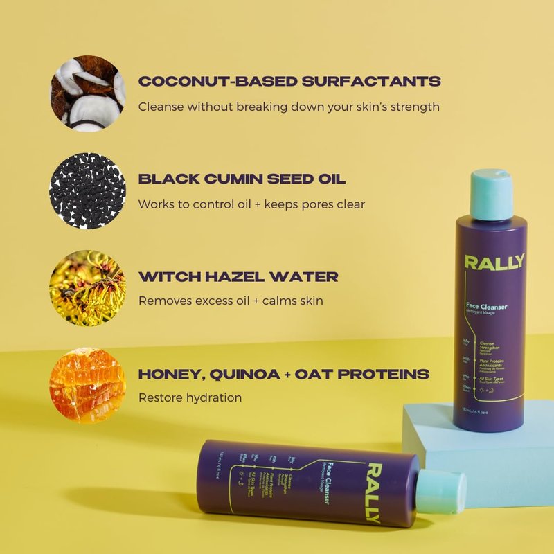 RALLY Plant-Based Gel Foaming Face Cleanser | Clean + Hydrating Formula | Gentle Daily Cleanse + Antioxidants | Derm Recommended for Tweens, Teens + Athletes, 6 OZ