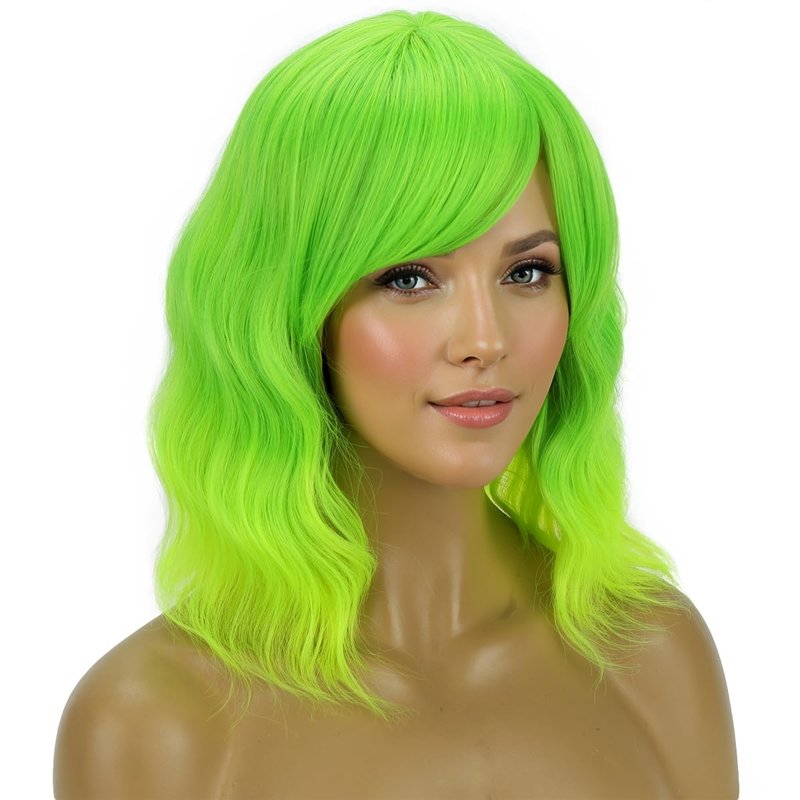 PATTNIUM Lime Green Wig Short Wavy Fluorescent Green Wigs for Women Girls Green Wig with Bangs Synthetic Wigs