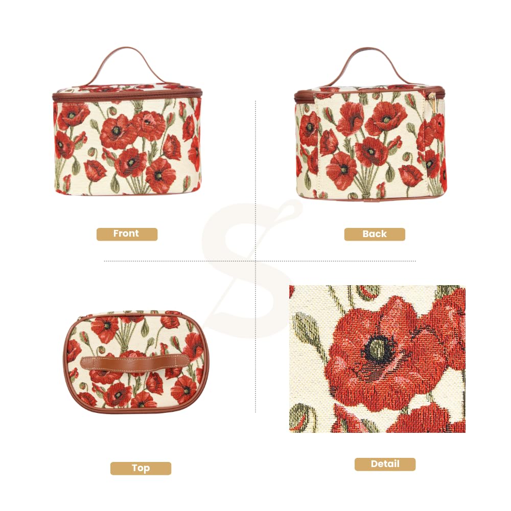Signare Tapestry Toiletry Bag Makeup Organizer bag for Women with Poppy Flower Design (TOIL-POP)