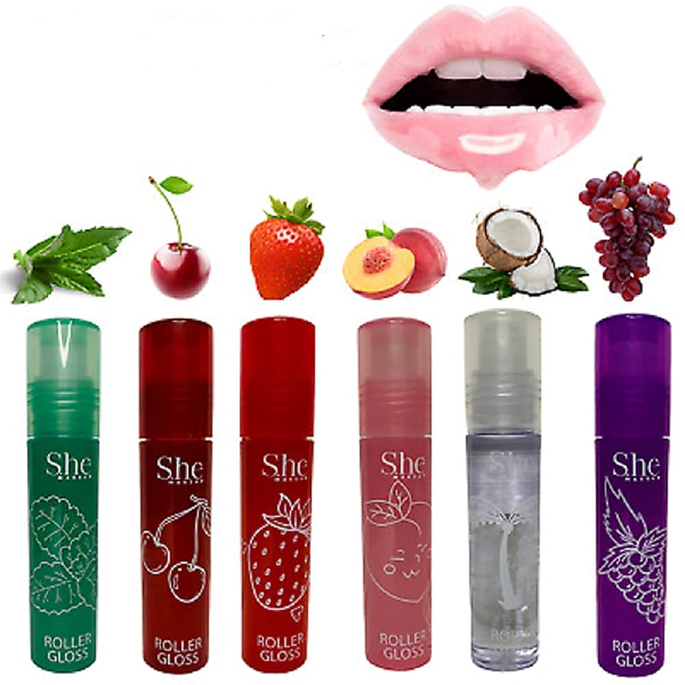 Fruity-Pop Roller Gloss by S.he Makeup; Smooth Glass Like Shine Lip Glosses, Complete Set of All 6 Flavor Scents 0.22oz 6.3g Clear