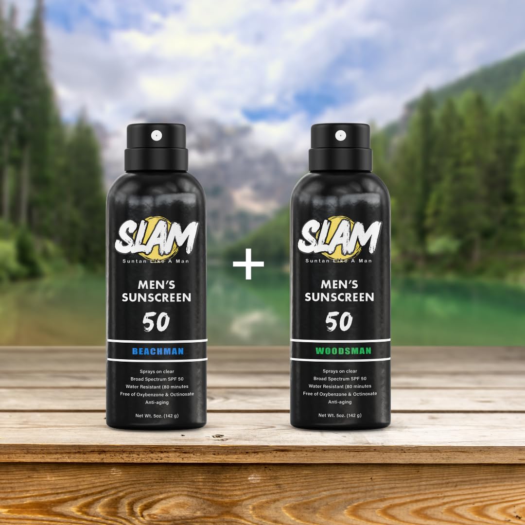 SLAM WoodsMan & BeachMan Bundle - Men's Scented Sunscreen, Sunscreen Spray, Water Resistant, Paraben Free, Broad Spectrum UVA/UVB (Large, 50, Sun Protection Factor (SPF))