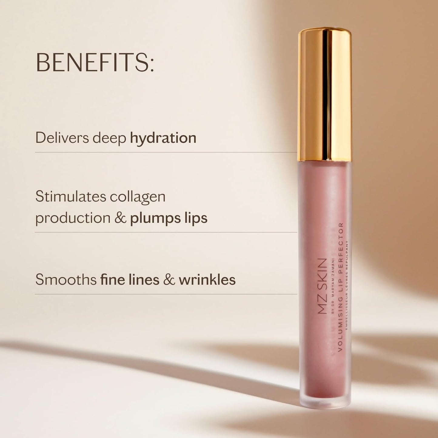 MZ SKIN Volumizing Lip Perfector | Plumping & Hydrating Lip Gloss with Peptides and Caffeine for Fuller, Smoother Lips, 3 mL / .10 oz