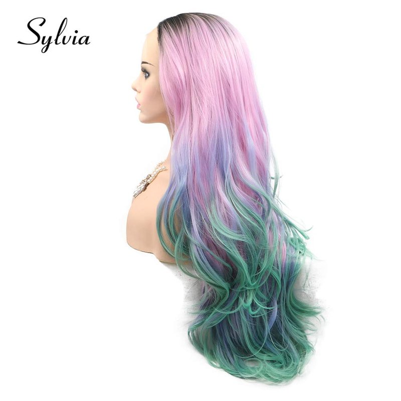 Sylvia Pink Purple Green Ombre Body Wave Synthetic Lace Front Wigs with Dark Roots 180% Density Multi color Half Hand Tied Heat Resistant Fiber Hair for Woman