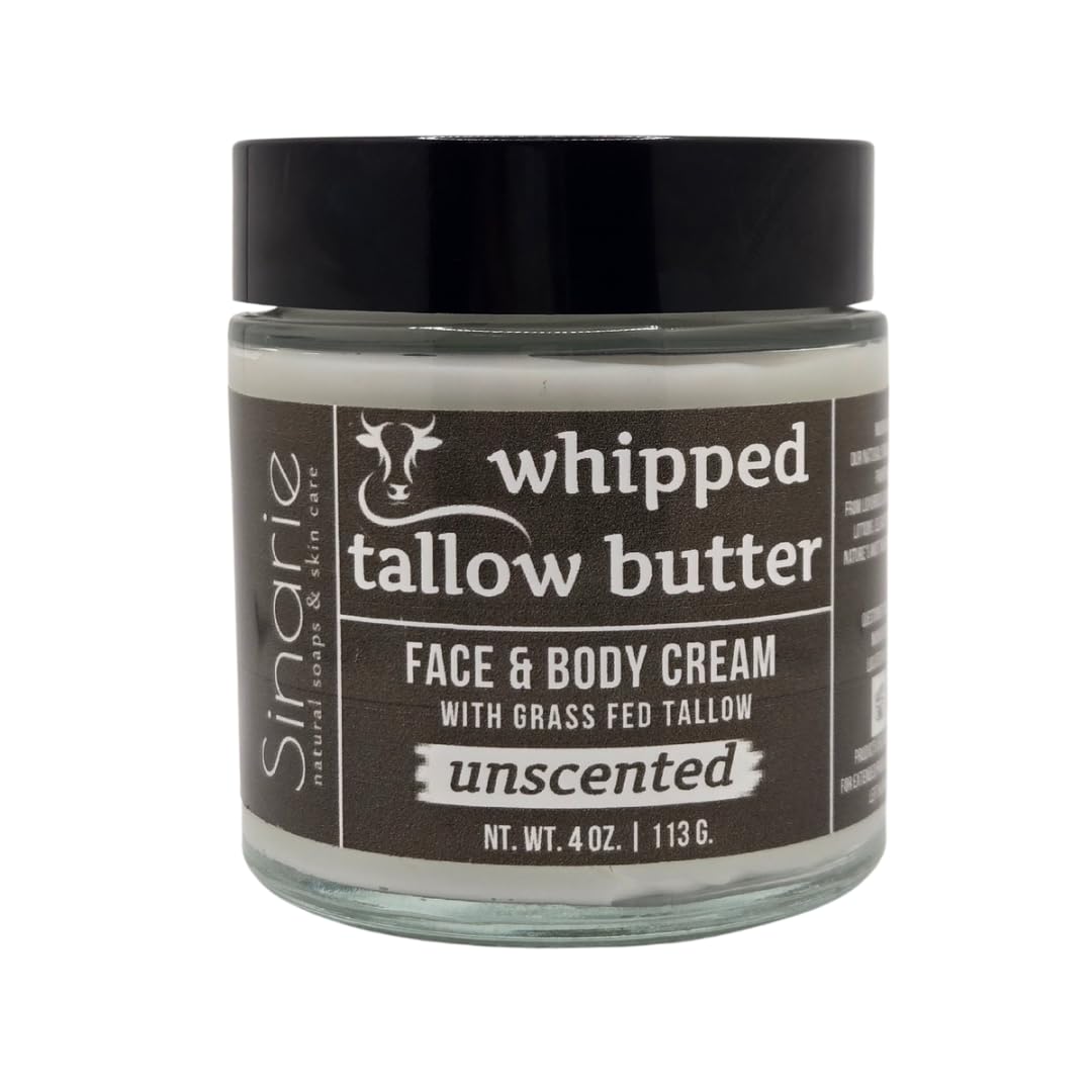 Sinarie Grass-Fed Beef Tallow Body Butter - Emulsified, Non-Greasy Moisturizer, 4 oz Soaps & Skin Care (4 oz., Unscented)