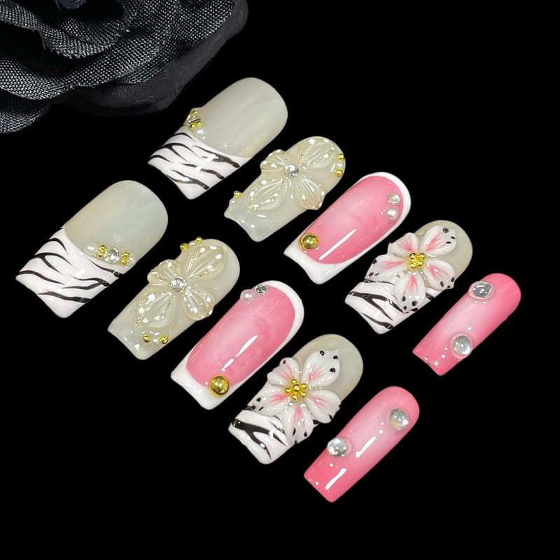 Bold Pink Zebra Stripes Press-On Nails - 3D Floral & Glitter Design | Reusable Acrylic for Parties & Daily Use (Short-Medium)