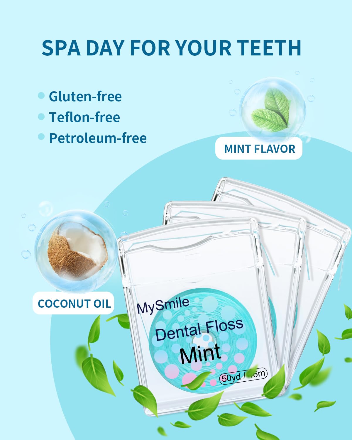 MySmile Woven Dental Floss, Effective Plaque Removal, Cruelty Free Tooth Floss, Mint, Waxed, Expanding, Vegan, Kid-Friendly String Floss with Coconut Oil, 50 Yards